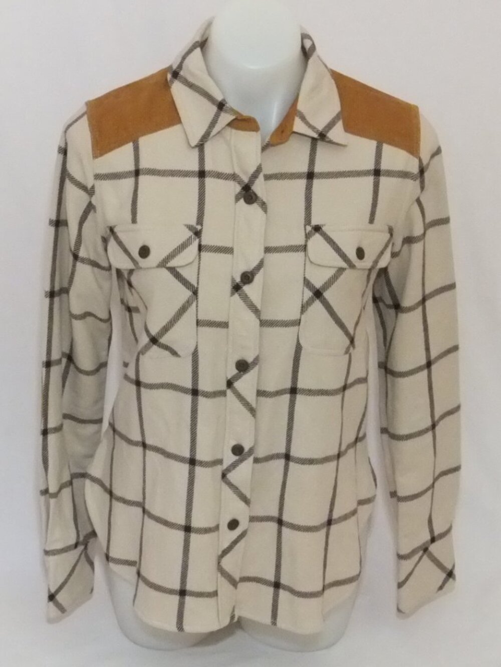 Faherty Shirt Top Womens Small NWT Beige Brown Button Cotton Blend Olivia Plaid